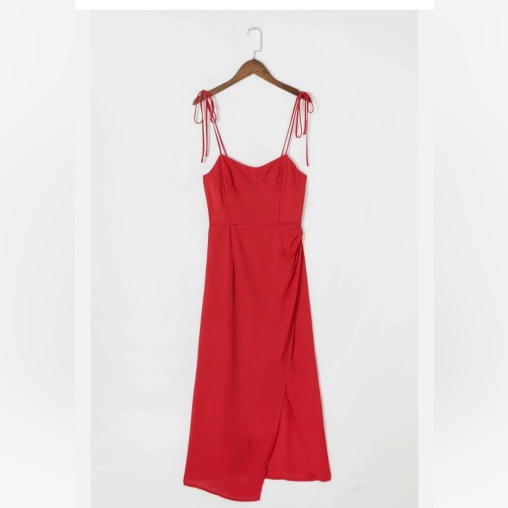 Red Dress midi cocktail party date slit bustier tie bow straps corset sweetheart - Picture 2 of 7
